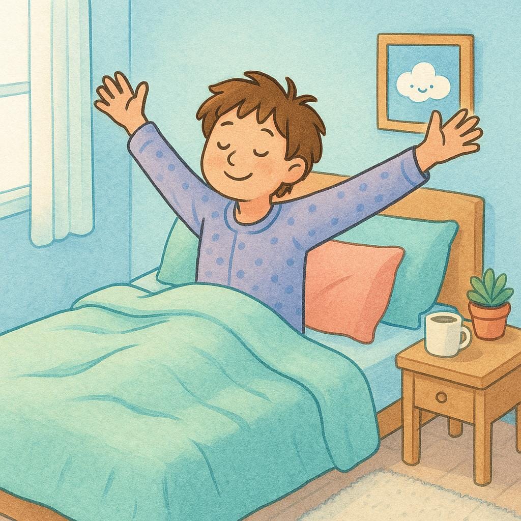 Uma pessoa jovem esticando os braços acima da cabeça enquanto está sentada na cama, com os olhos recém-abertos, simbolizando o ato de acordar a si mesmo.