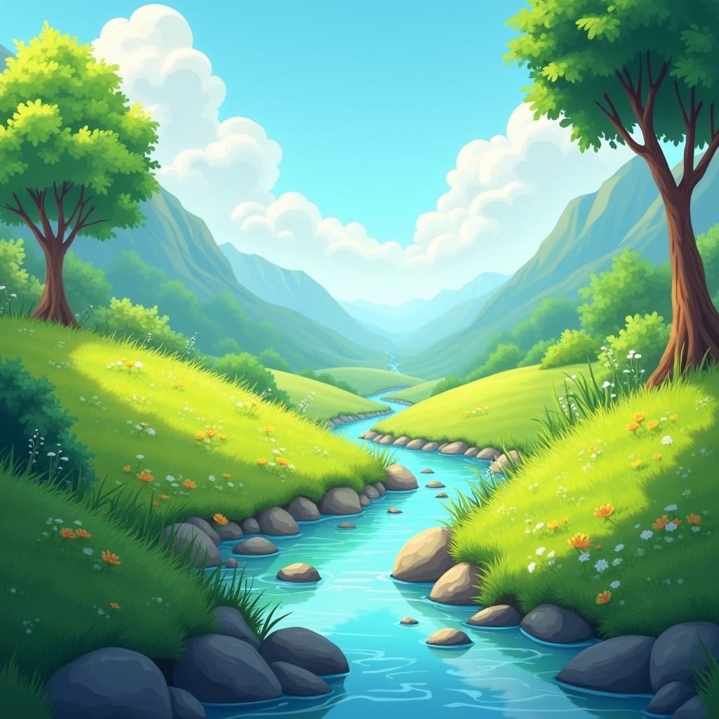 A lush, green landscape where a small, clear stream flows visibly from a defined source point into a vast, open valley.