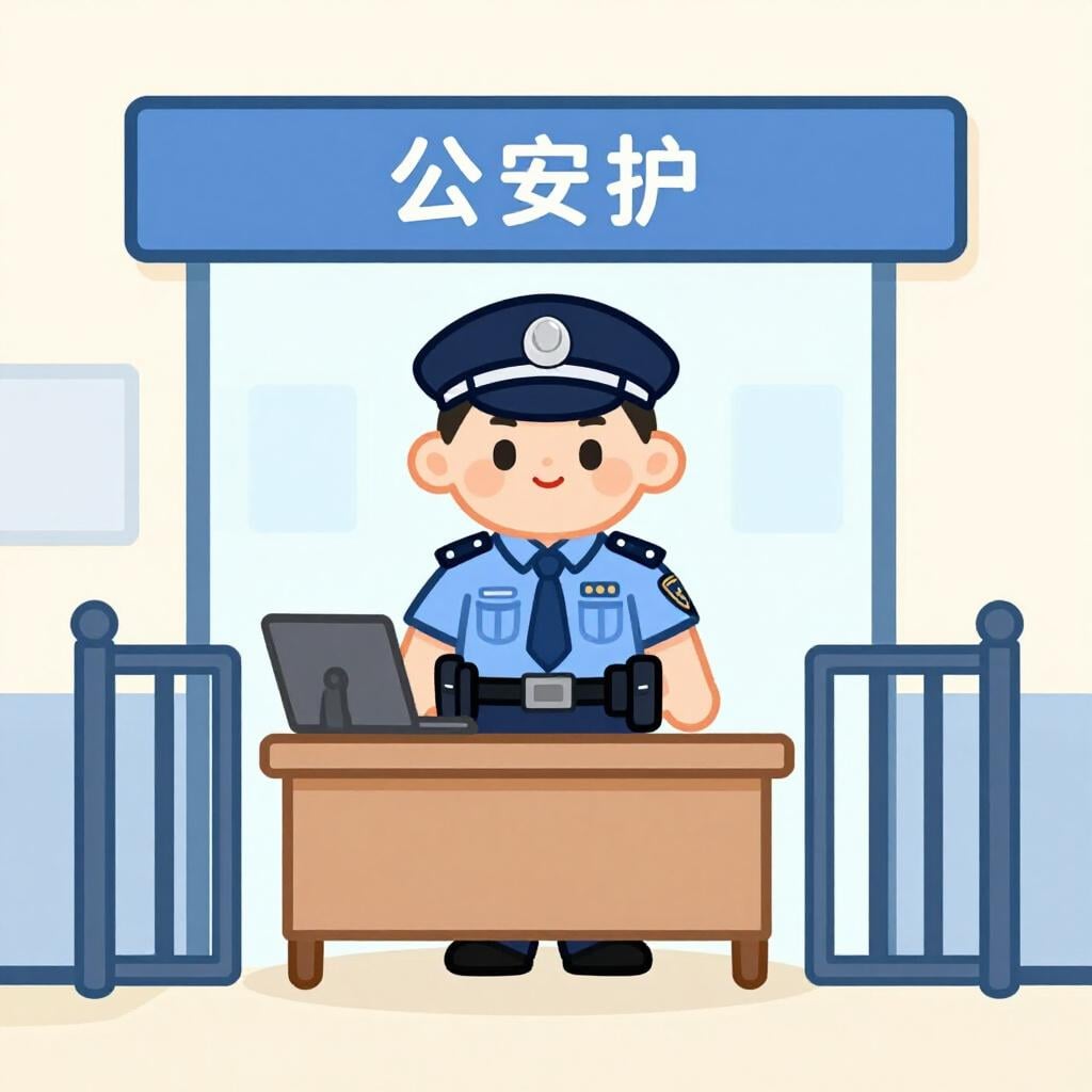 A friendly official in a blue uniform standing behind a simple wooden counter at a border crossing.