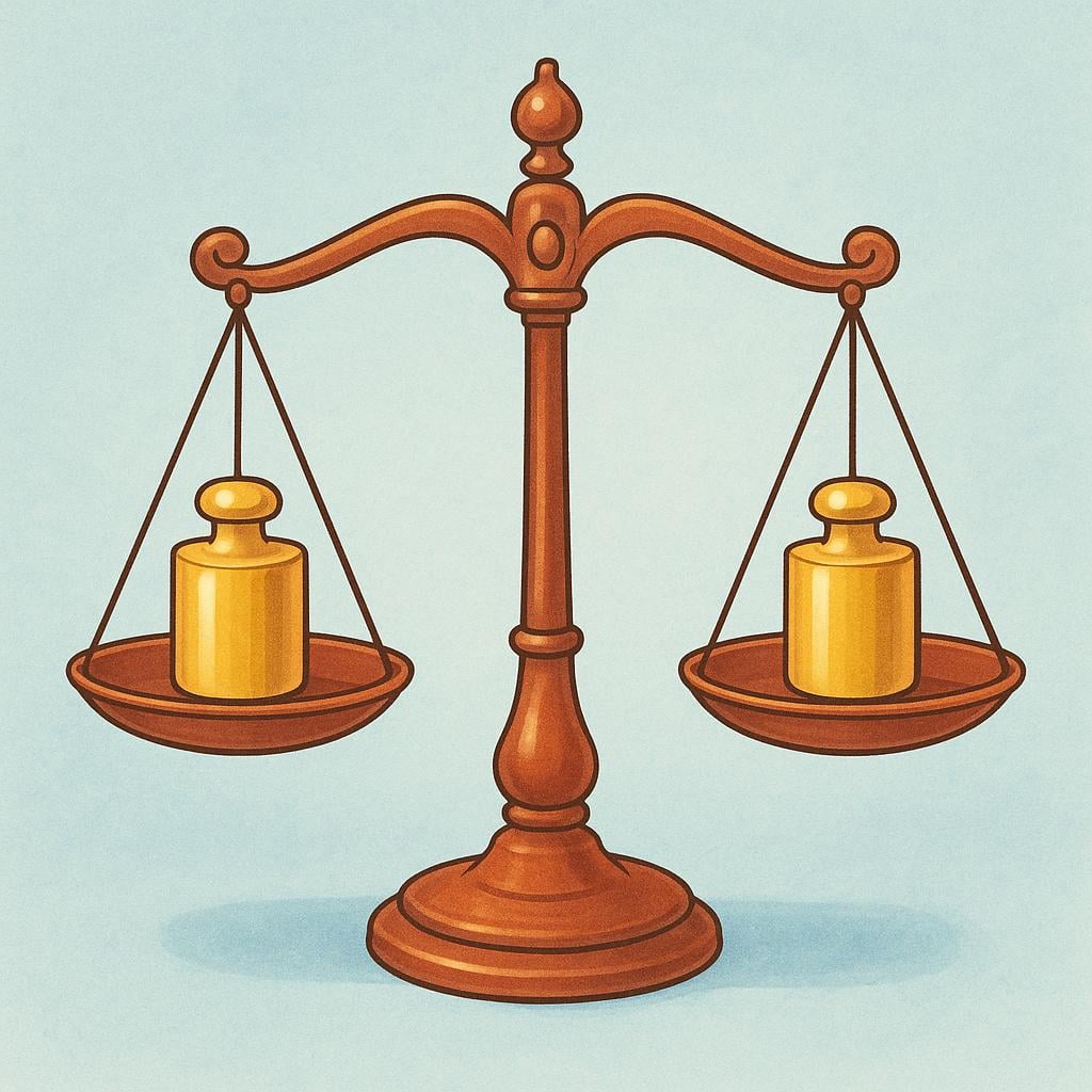 A small, antique balance scale perfectly leveled with equal weights, indicating that the value or price has been determined.