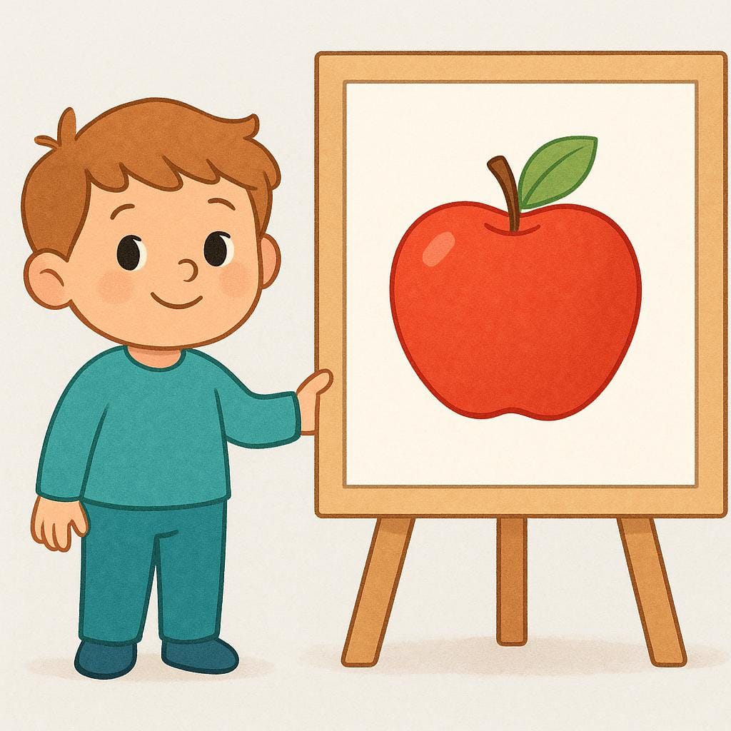 A friendly cartoon character standing next to a large, simple poster displaying a single, bright red apple, demonstrating product promotion.