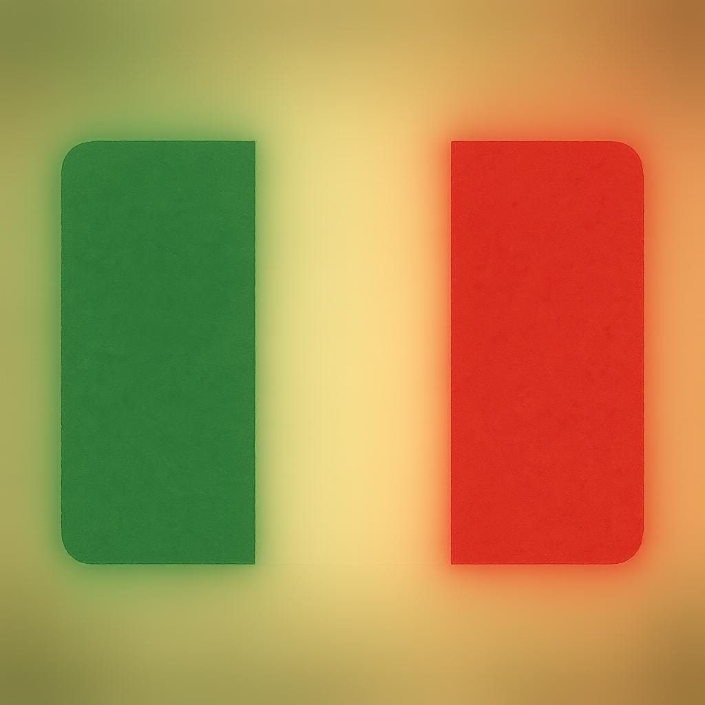 A simple illustration of the Italian flag, which has three vertical stripes in green, white, and red.