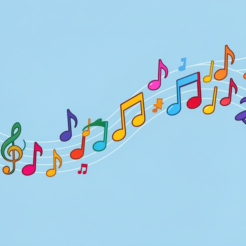 A row of colorful, glowing musical notes floating gracefully through the air like a gentle wave.