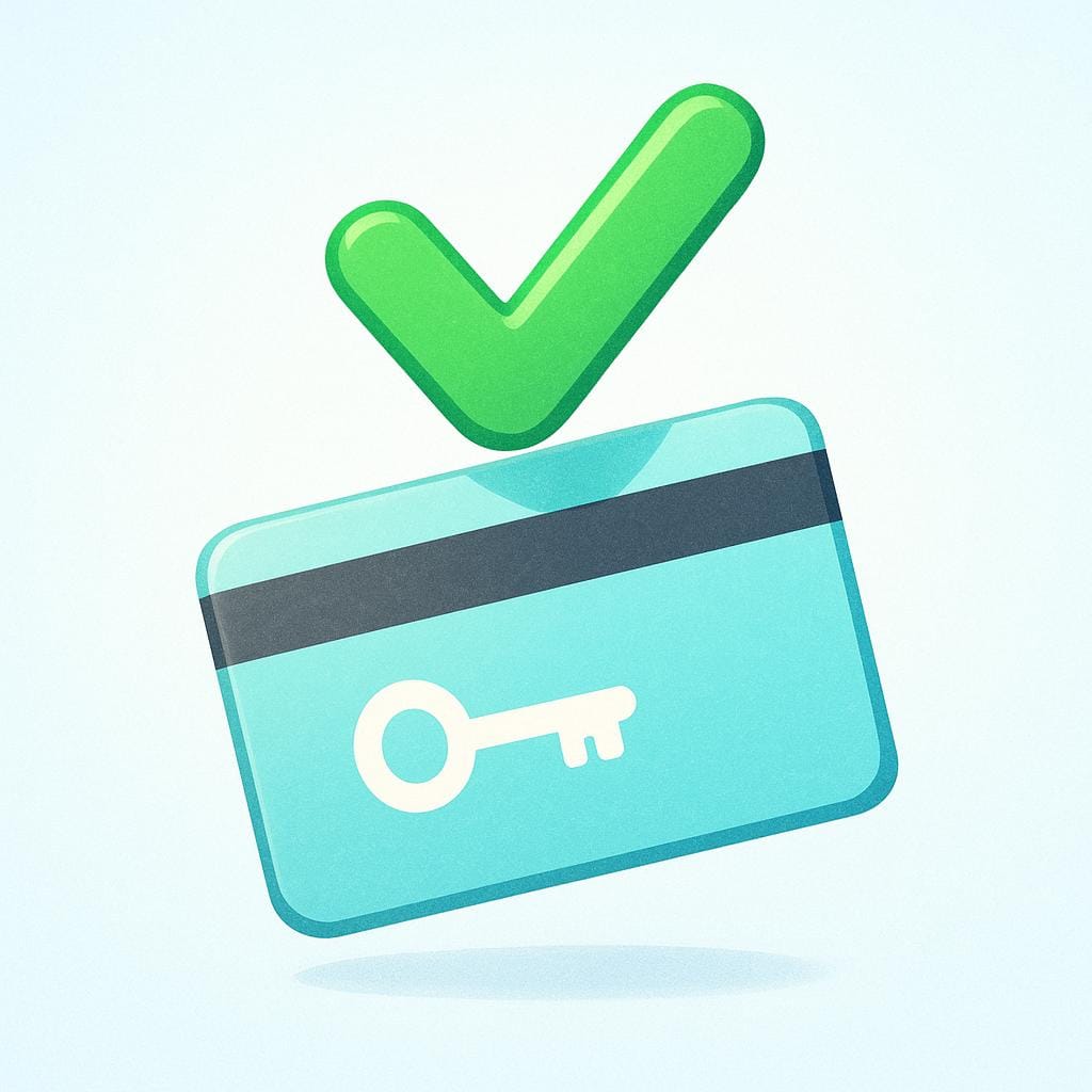 A large, bright green checkmark hovering over a simple drawing of a hotel key card, signifying a confirmed reservation.