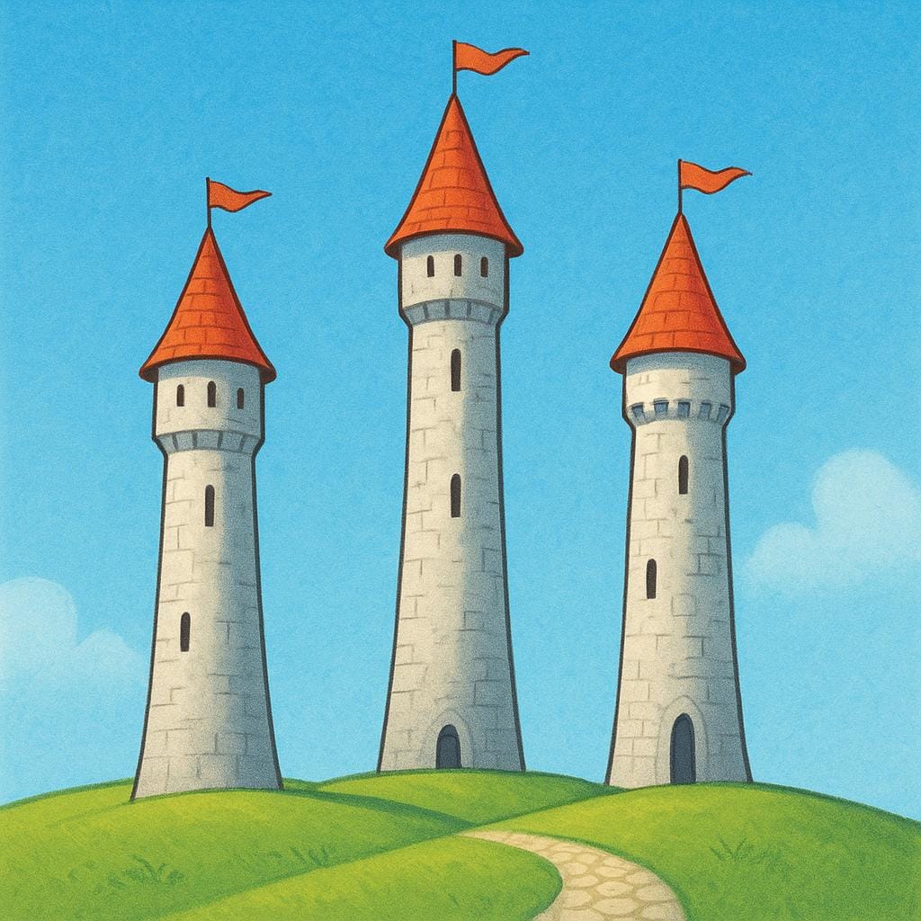 Une illustration colorée montrant trois tours en pierre médiévales très hautes et élancées s'élevant vers un ciel bleu vif.