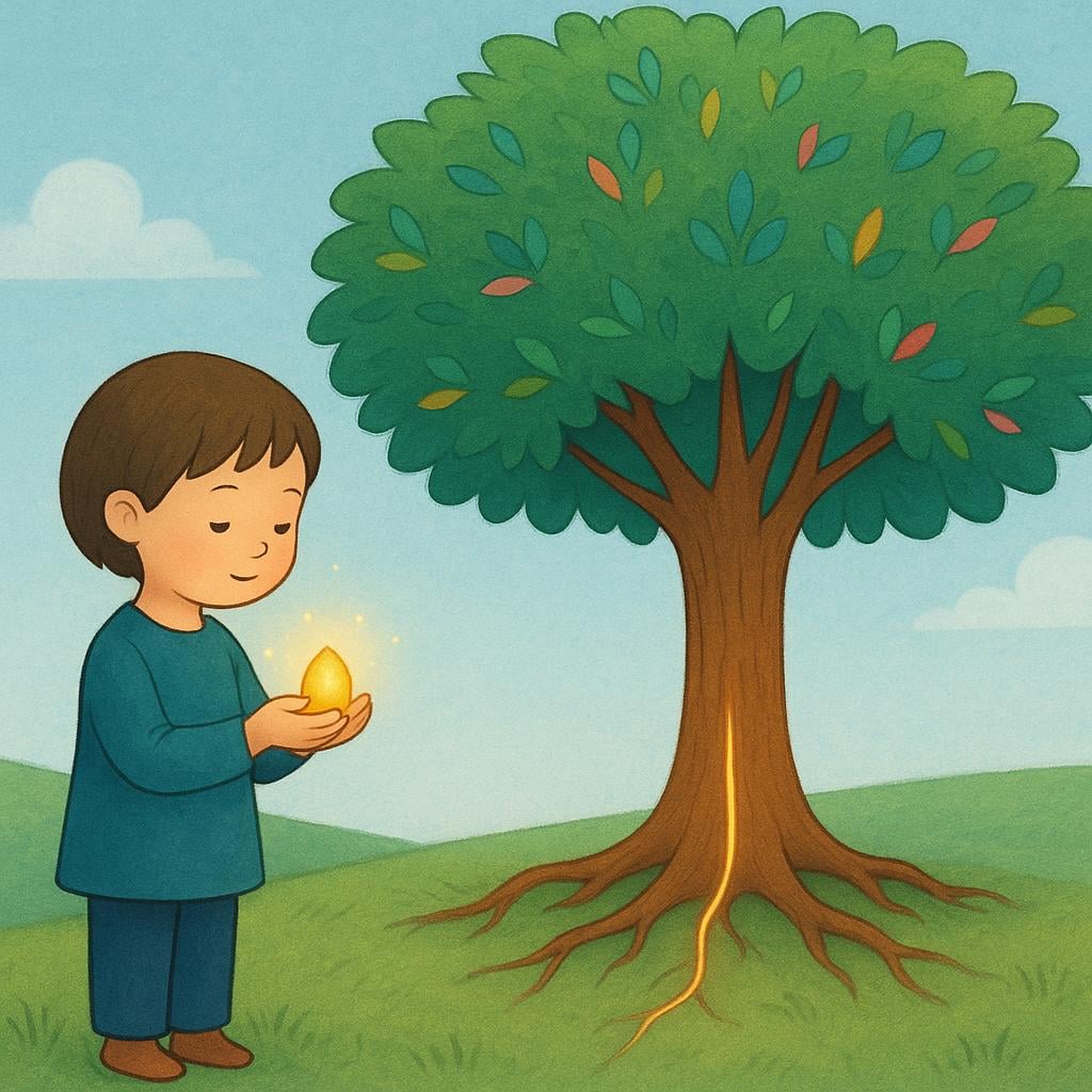 A colorful storybook illustration showing a small, curious child holding a single, glowing golden seed in their hand. Next to the child stands a massive, fully grown tree, symbolizing the result of the seed.