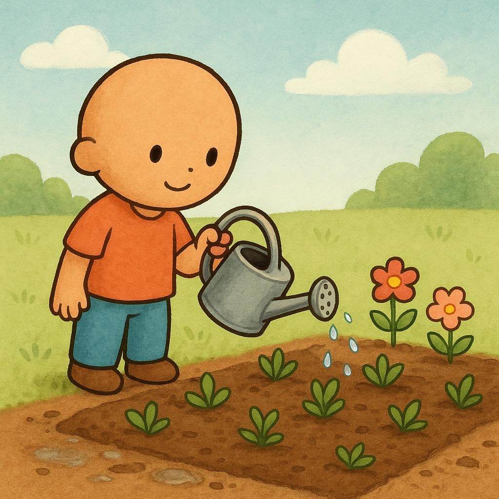 A storybook illustration of a person holding a dripping watering can next to a garden bed that has just been watered.