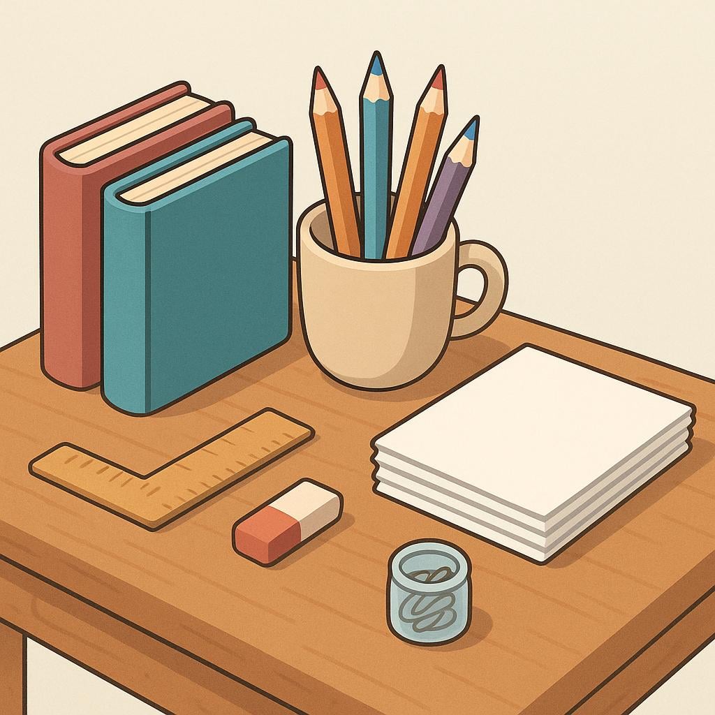 A brightly colored wooden desk where all items—pencils, books, and papers—are arranged in perfect, neat order.