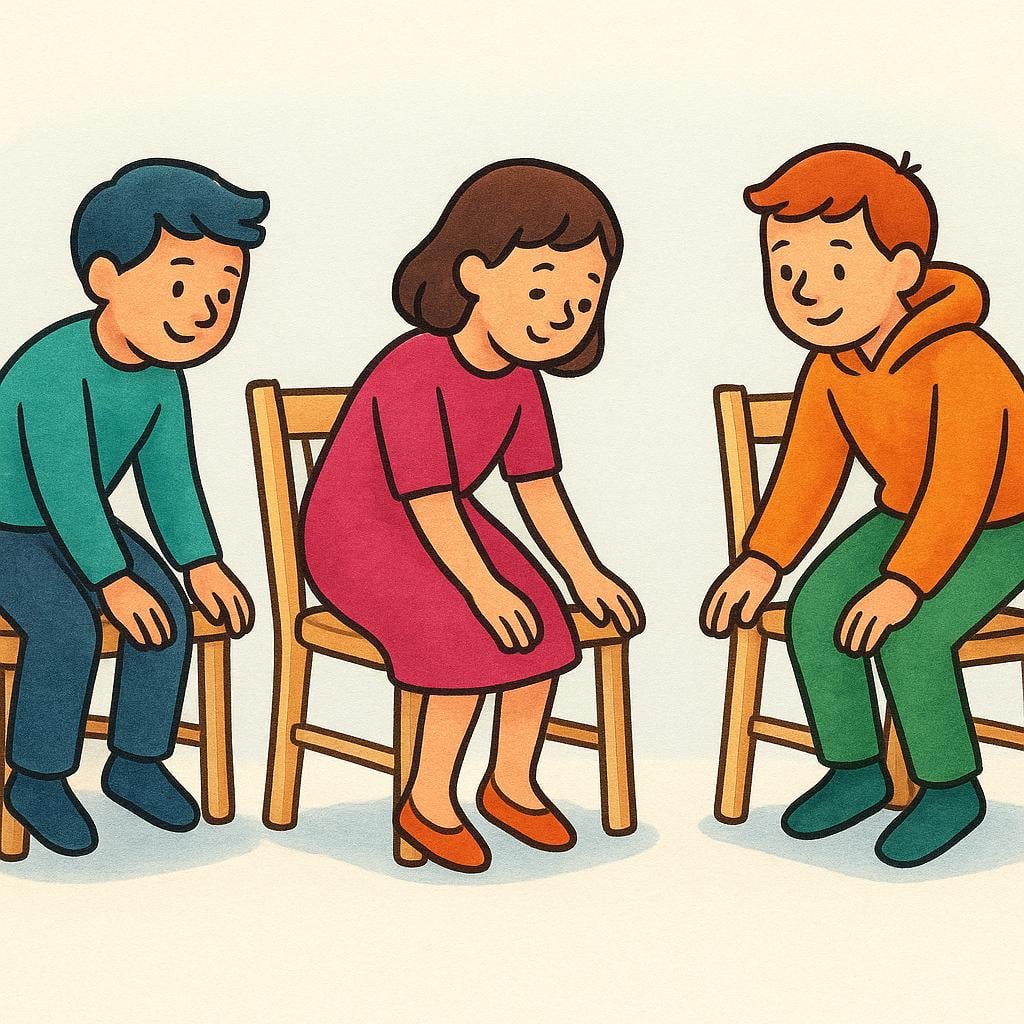 Three stylized human figures are shown in mid-motion, simultaneously lowering themselves onto three simple wooden chairs, illustrating a group being commanded to sit down.