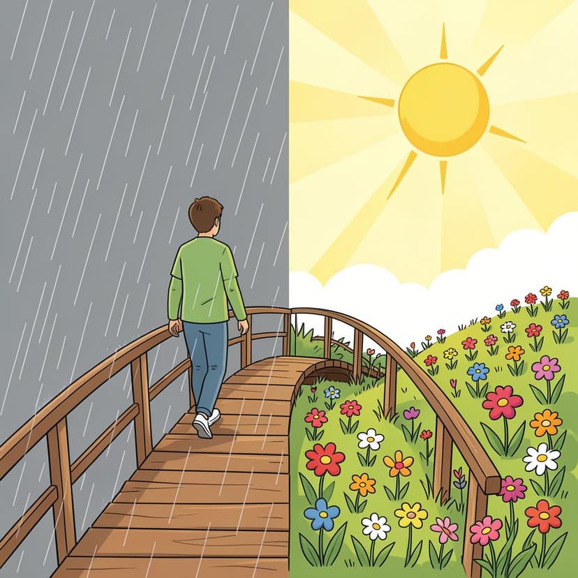 A person walking across a bridge from a dark, rainy landscape toward a bright, sunlit meadow filled with flowers.