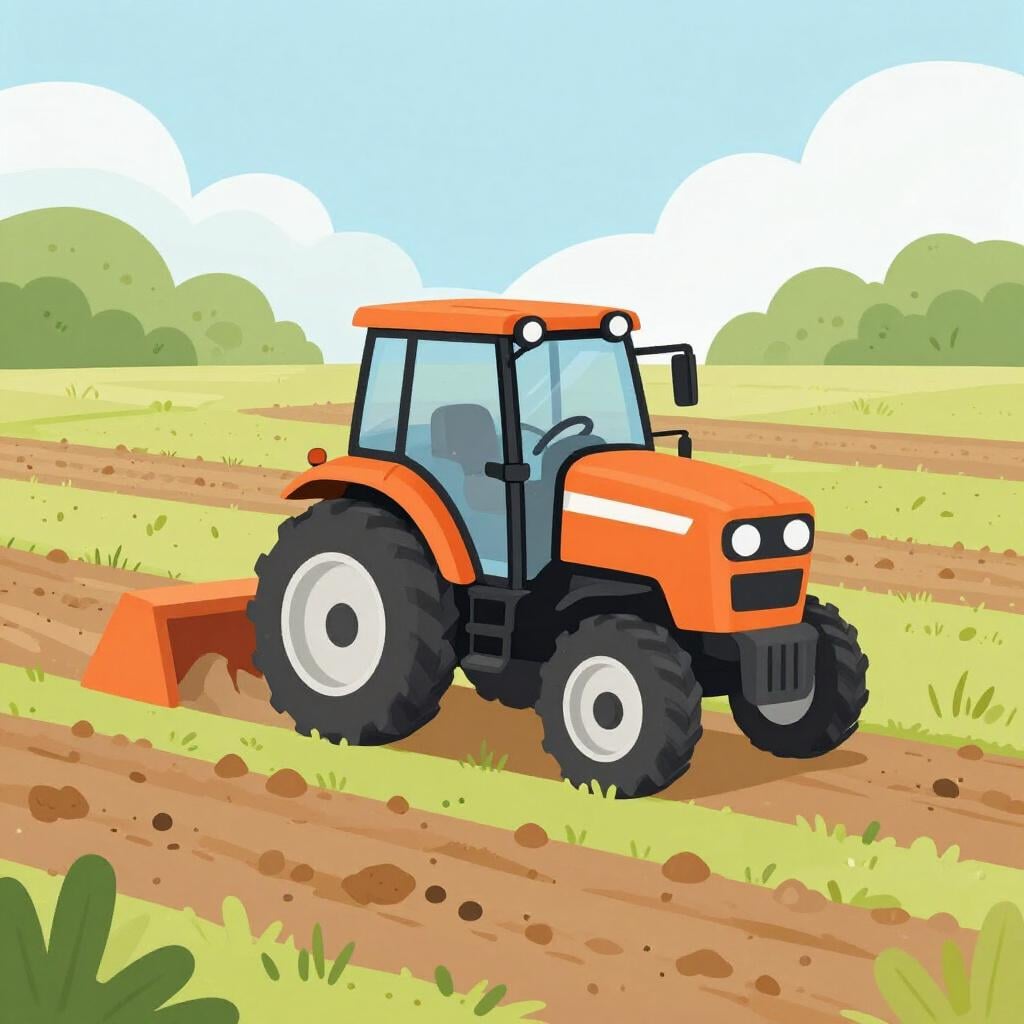 A small orange tractor moving through a field with its engine running.