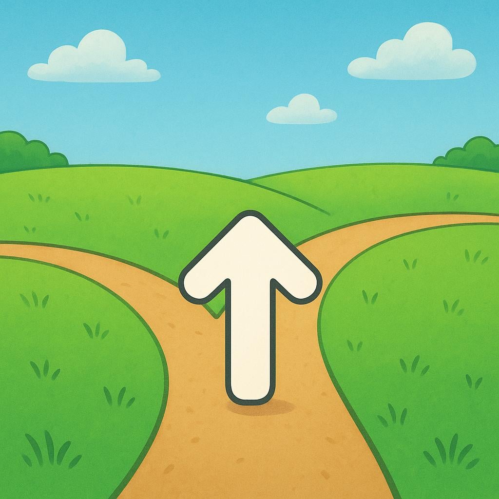 A simple illustration of a path splitting into two, featuring a large, stylized arrow pointing clearly down one straight path, indicating a way to go.