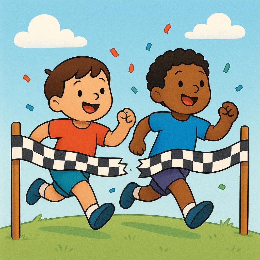 A colorful storybook illustration showing two small, happy cartoon characters running side-by-side, simultaneously breaking a checkered finish line tape, symbolizing completing a shared task.