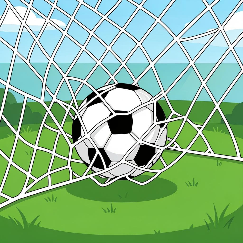 A black and white soccer ball hitting the back of a white goal net on a green grass field.