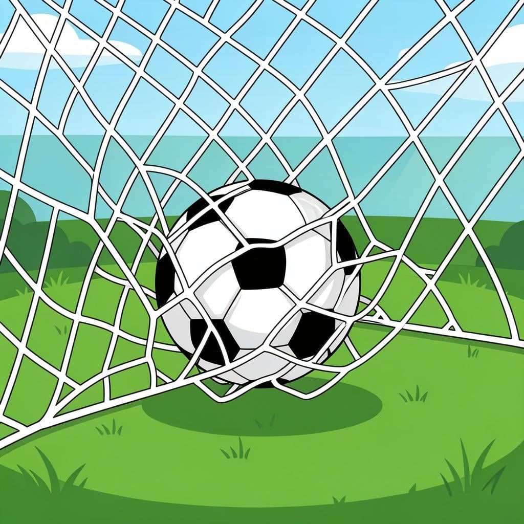 A black and white soccer ball hitting the back of a white goal net on a green grass field.