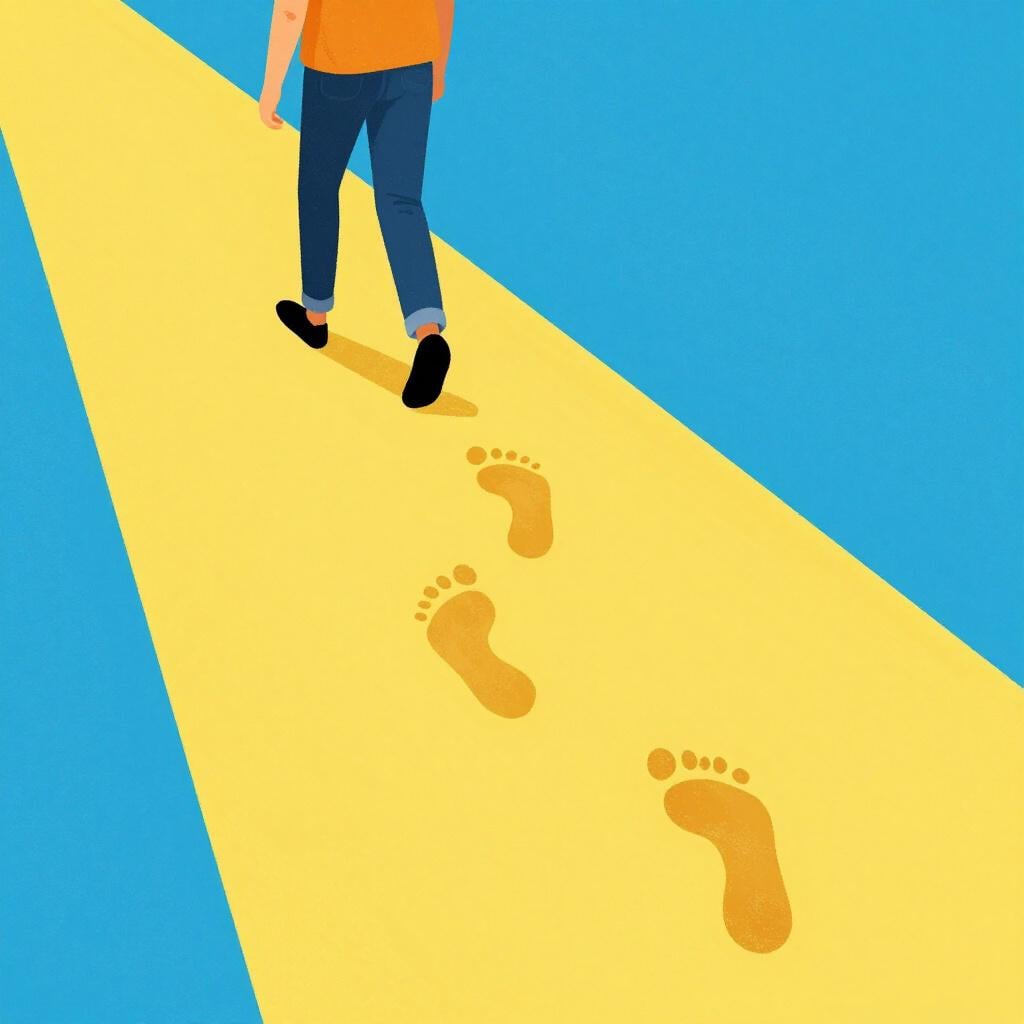 A person walking along a solid, straight path that matches the direction of their footprints.