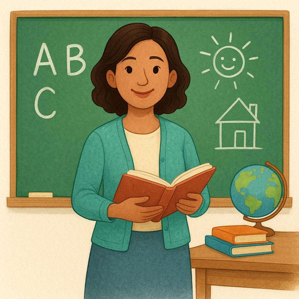 A smiling female teacher standing in a brightly lit classroom next to a green chalkboard.