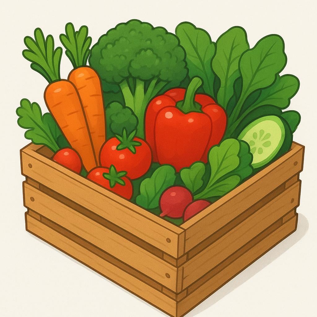 A wooden crate filled with fresh vegetables like carrots, broccoli, and red bell peppers.