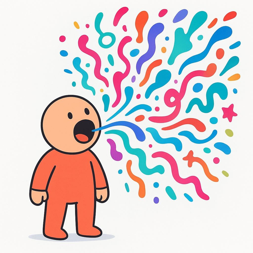 A simple cartoon figure with an open mouth, from which chaotic, brightly colored abstract squiggles and non-geometric shapes are rapidly flying out, symbolizing talking nonsense.