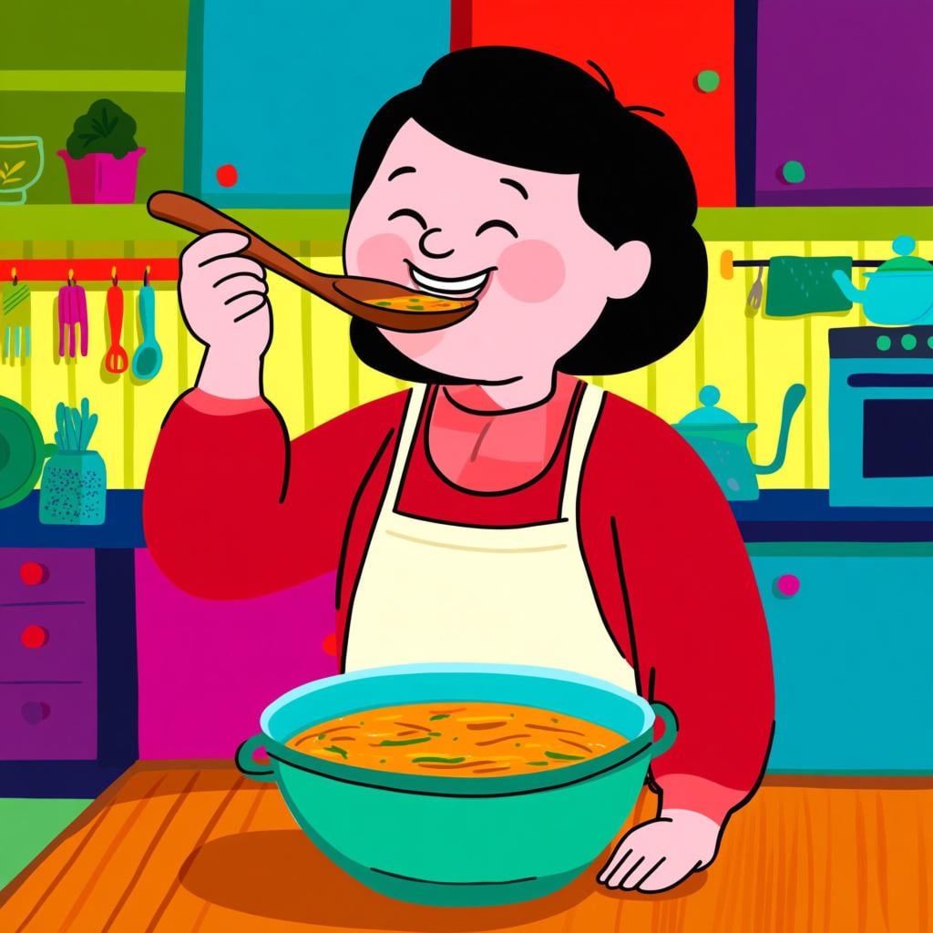 A smiling adult in a colorful kitchen tasting a spoonful of bright green soup from a large bowl.