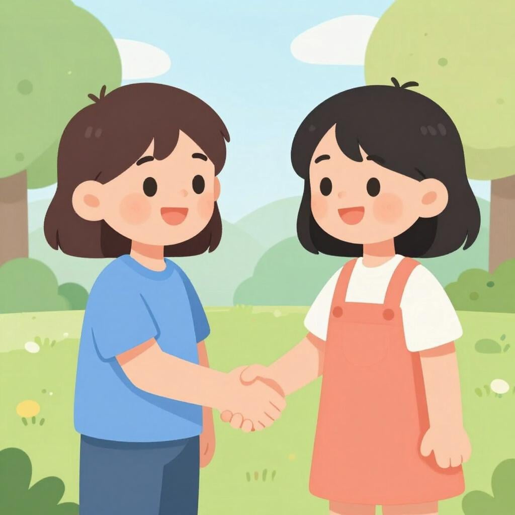 意見の相違の後、温かく握手をして笑顔でいる二人。