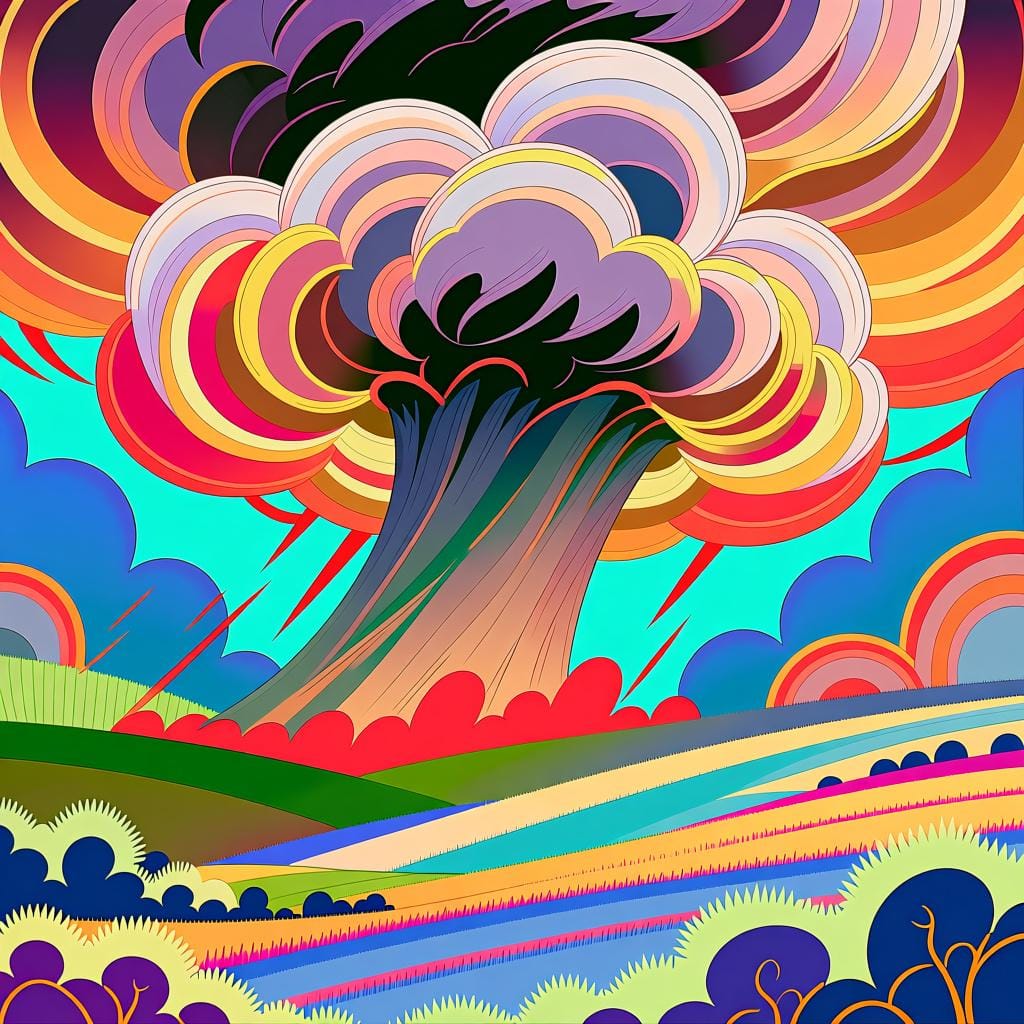 A bright landscape beneath a sky where massive, dark storm clouds are rapidly gathering, suggesting rain is a possibility.