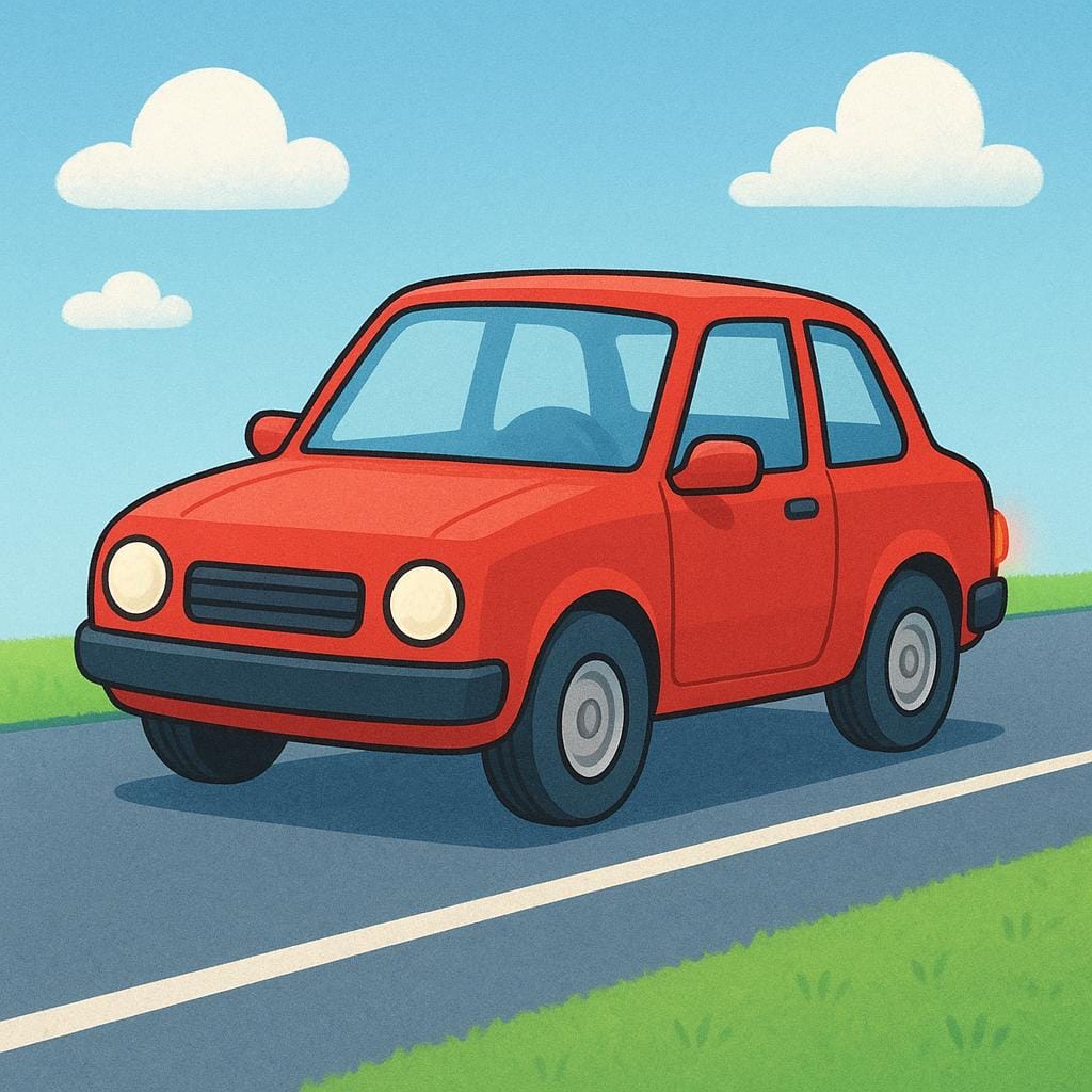 A simplified drawing of a bright red car that is completely stopped on a road.