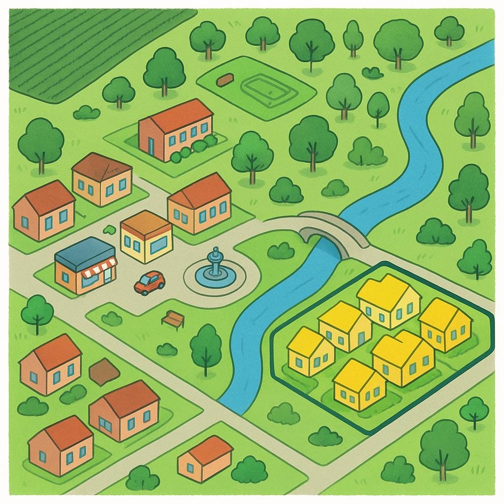 A colorful storybook map showing an aerial view of a town where one specific neighborhood cluster of houses is distinctly outlined and colored bright yellow, distinguishing it as a specific physical area or zone.