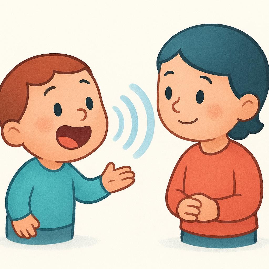 Une illustration simple, colorée et de haute qualité d'un livre d'histoires montrant deux personnages amicaux se faisant face. Un personnage parle avec des ondes sonores simples visibles dirigées vers le second personnage, qui écoute attentivement.