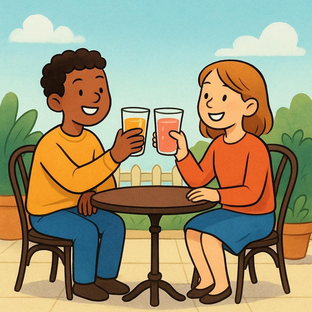 Two people sitting opposite each other at a picnic table, happily drinking beverages from tall glasses with straws.