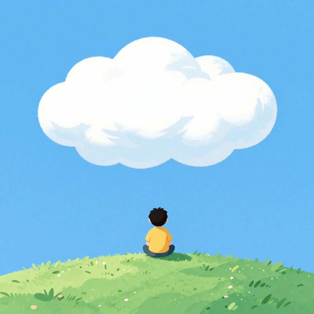 Een persoon die op een grasheuvel zit en naar een wolk in de vorm van een draak kijkt.