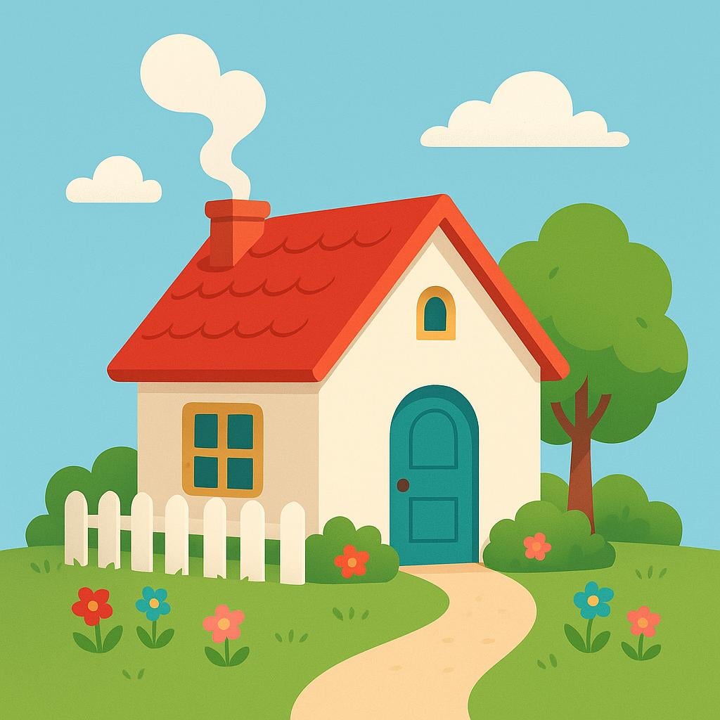 A cozy, brightly colored single-family house with a chimney and a small garden, signifying a place of habitation.