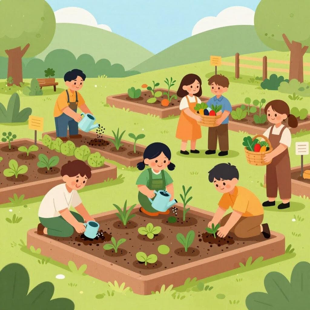 Een groep diverse mensen die samenwerken in een gemeenschappelijke tuin, gereedschap en de oogst delend.