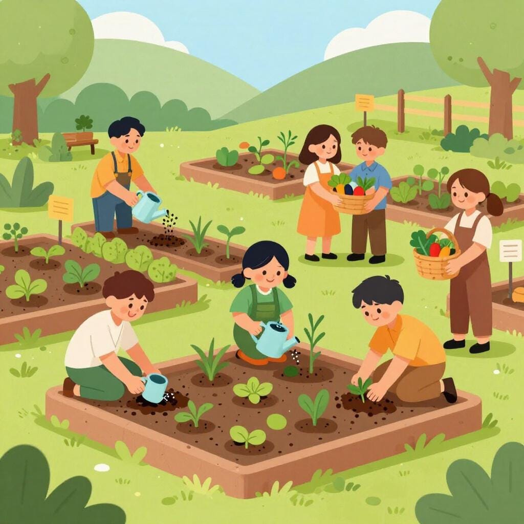 A group of diverse people working together in a community garden, sharing tools and the harvest.