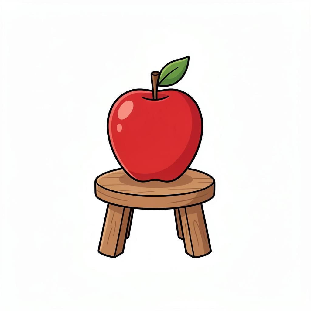 A single red apple sitting perfectly in the center of a small wooden stool.
