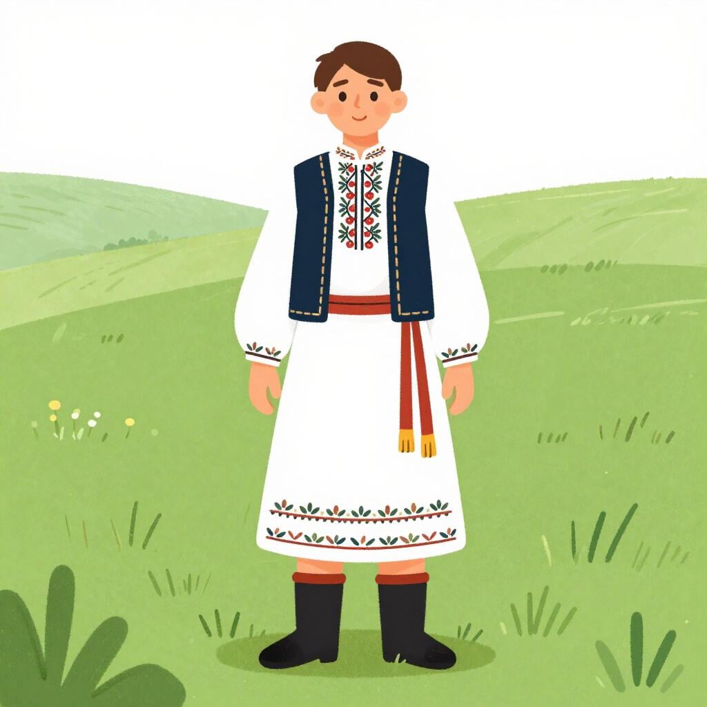 伝統的なセルビアの民族衣装をカラフルに刺繍した衣装を着たダンサーの、質の高い絵本風イラスト。