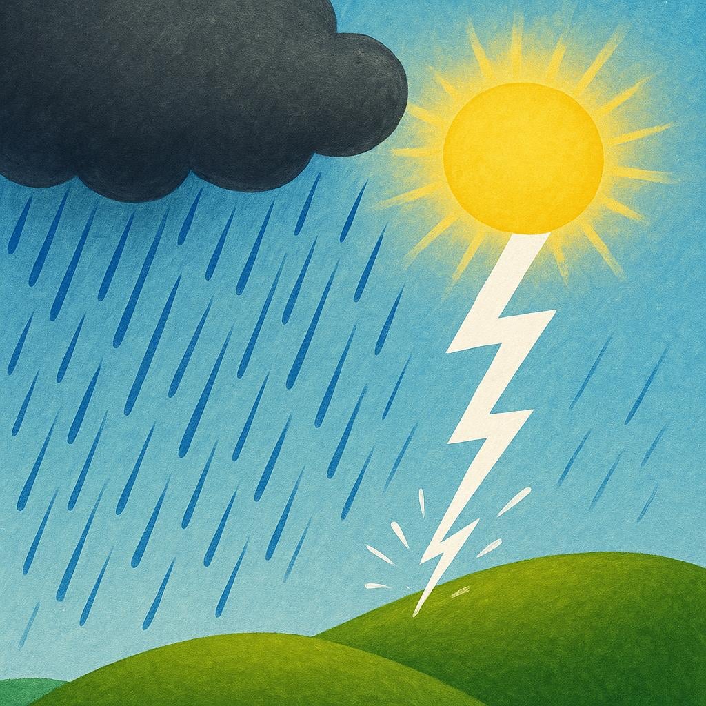 A simple scene illustrating rain falling from a dark cloud, the sun shining brightly in the distance, and a bolt of lightning striking a small hill.