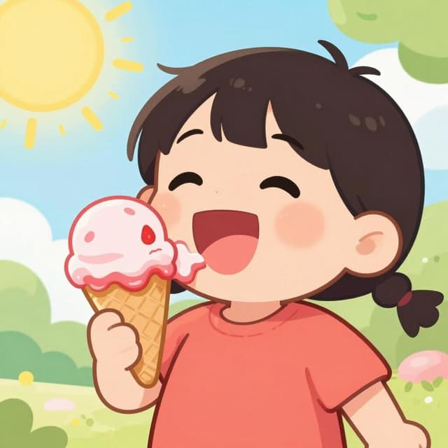 A child laughing with eyes closed while eating a large, colorful ice cream cone.