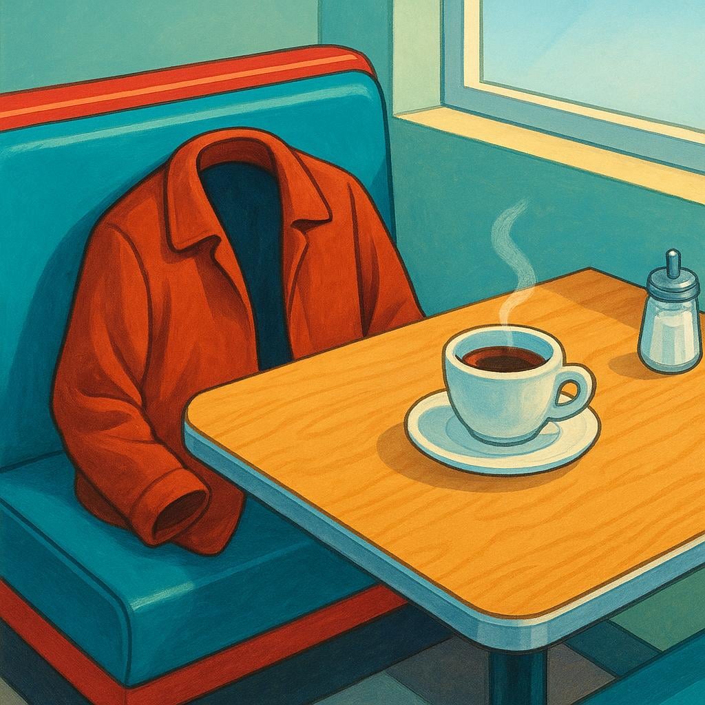 A simple diner booth with a jacket draped over the seat and a coffee cup on the table, indicating the seat is currently occupied.