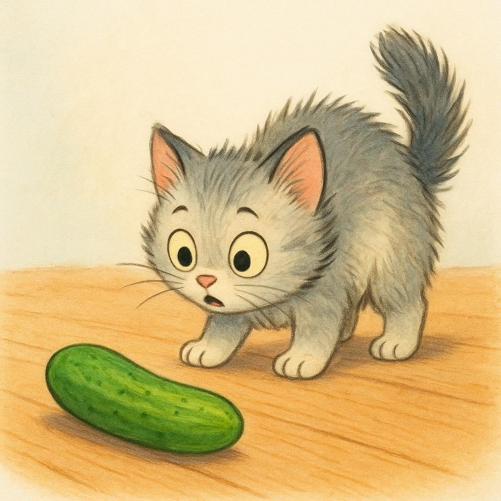 A small cat with its fur standing up and arched back looking at a cucumber on the floor.