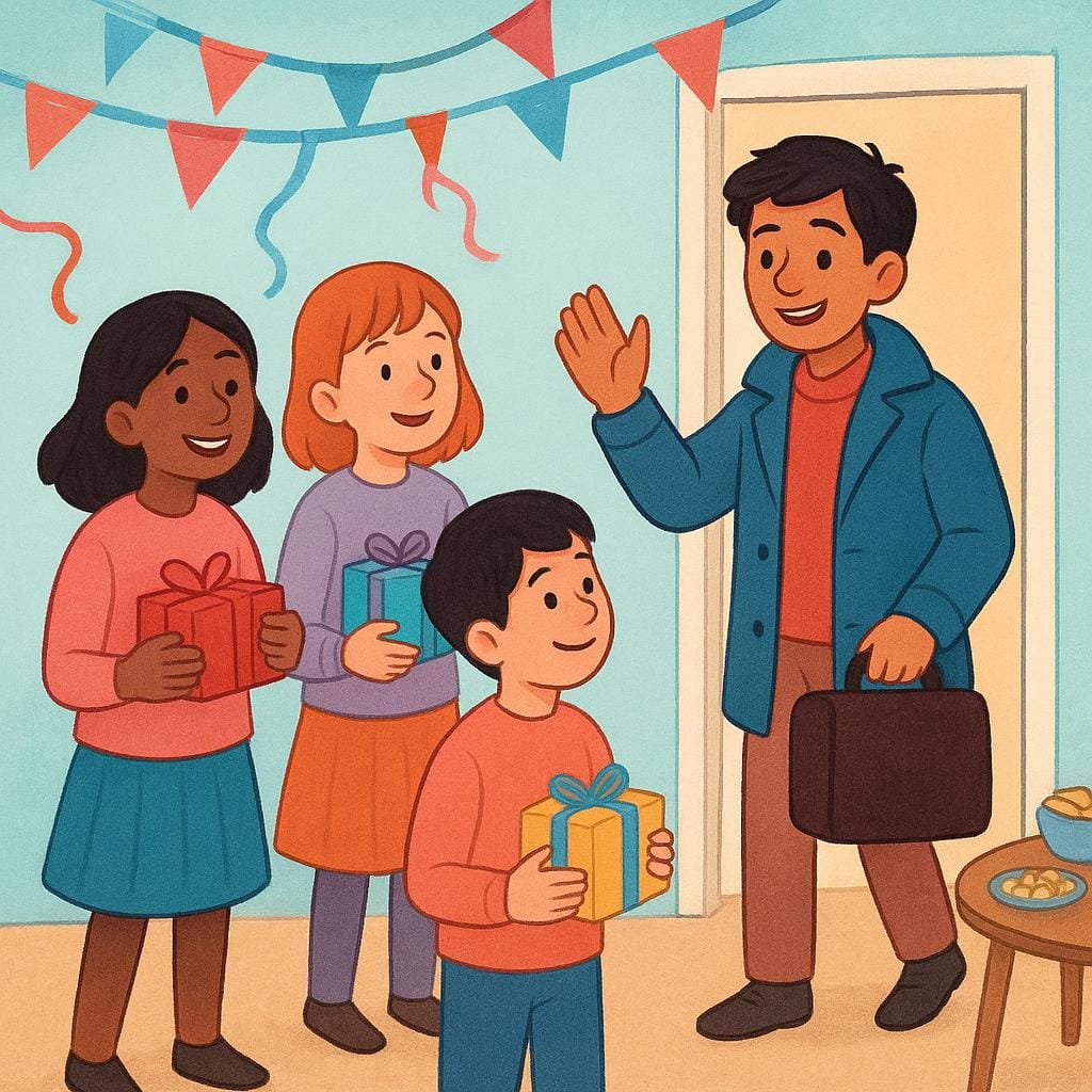 A small group of friends gathered in a decorated room, holding gifts and smiling at one central person, signifying a going-away party.