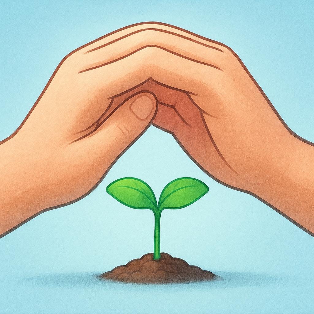 Twee grote, zachte handen zijn samengevouwen en omsluiten en beschermen volledig een kleine, heldergroene zaailing.