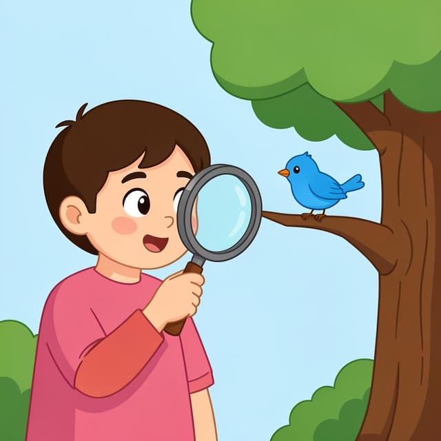 Een persoon die met een vergrootglas kijkt naar een kleine, kleurrijke vogel op een tak.