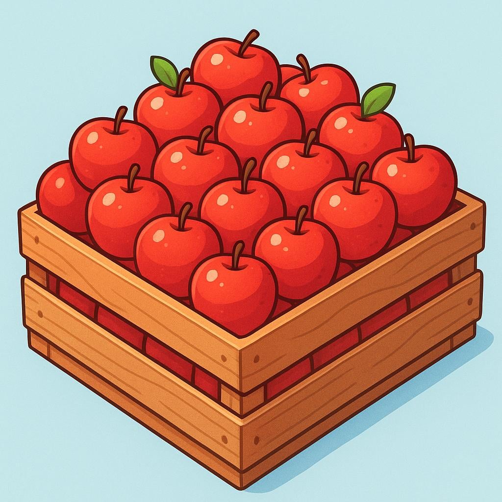 A colorful illustration showing a very large quantity of bright red apples neatly piled high in a rustic wooden crate, representing the total quantity produced.