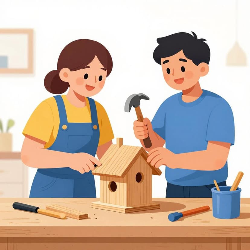 Two people working together to build a small wooden birdhouse on a table.
