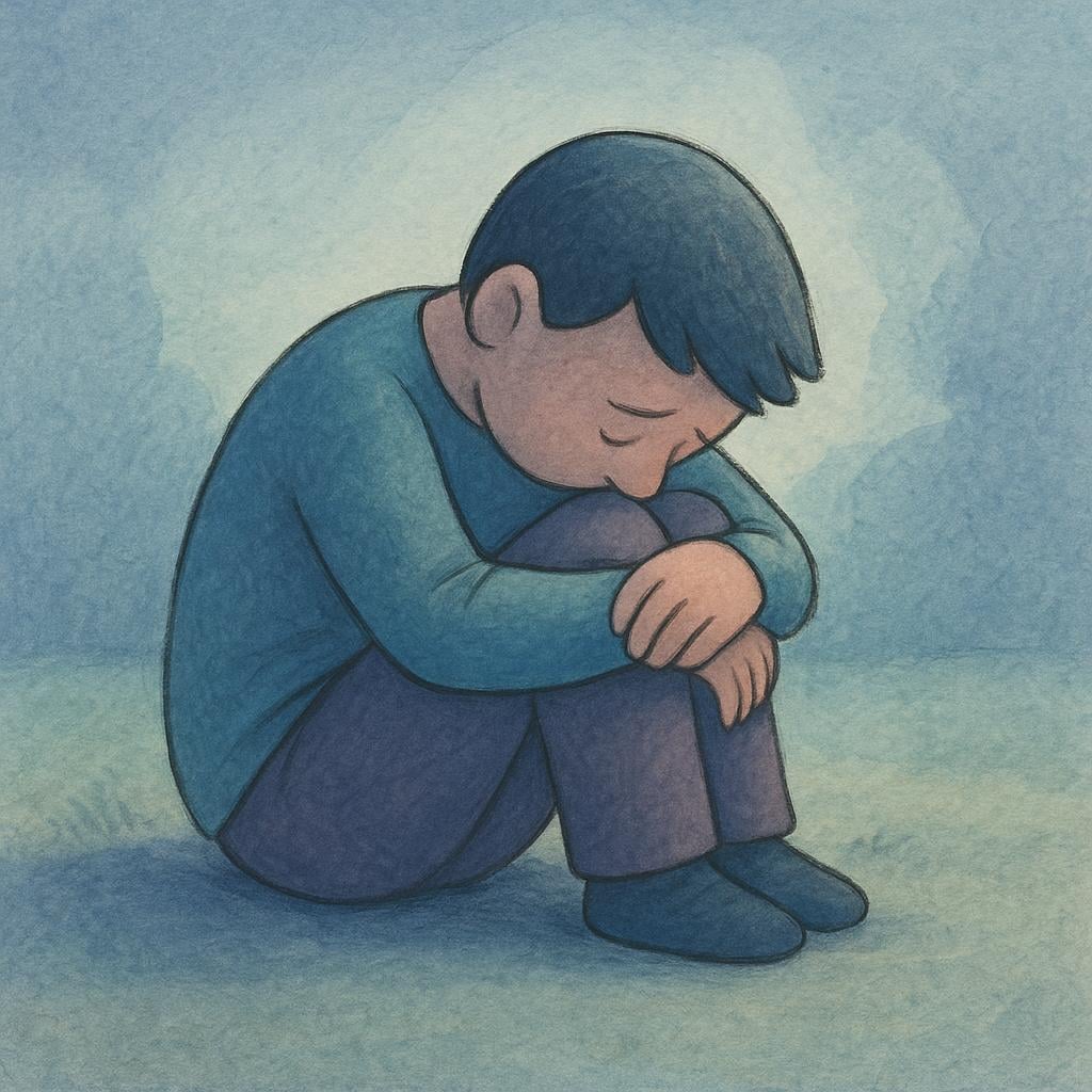 A storybook illustration showing a solitary figure sitting sadly with their head down, symbolizing regret.