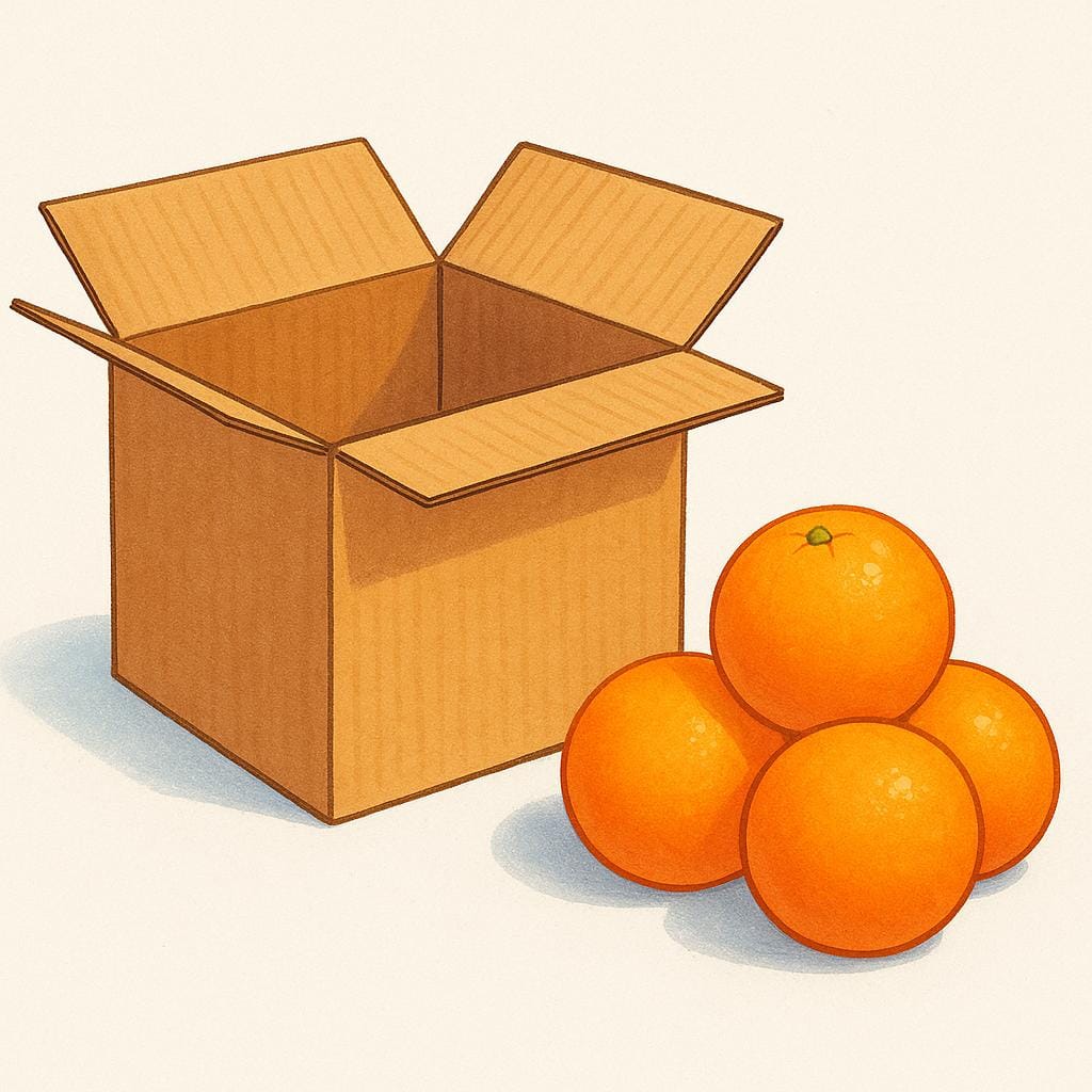 An empty, open, simple brown cardboard shipping box sits next to a small pile of colorful oranges.