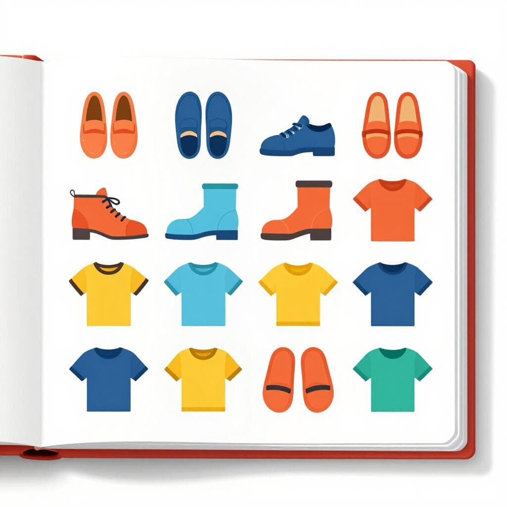 Een kleurrijk open boek met een nette lay-out van diverse schoenen en kledingstukken op de pagina's.