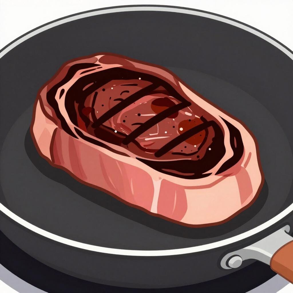 A piece of meat in a pan that is burnt on the outside but raw in the middle.