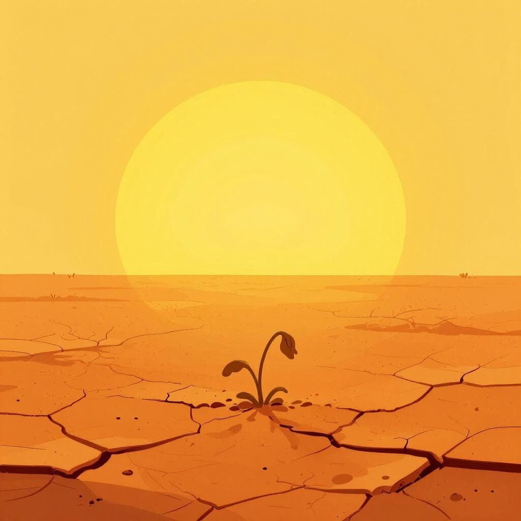 Un paysage de terre craquelée et desséchée sous un ciel bleu et sans nuages, avec une seule plante flétrie.